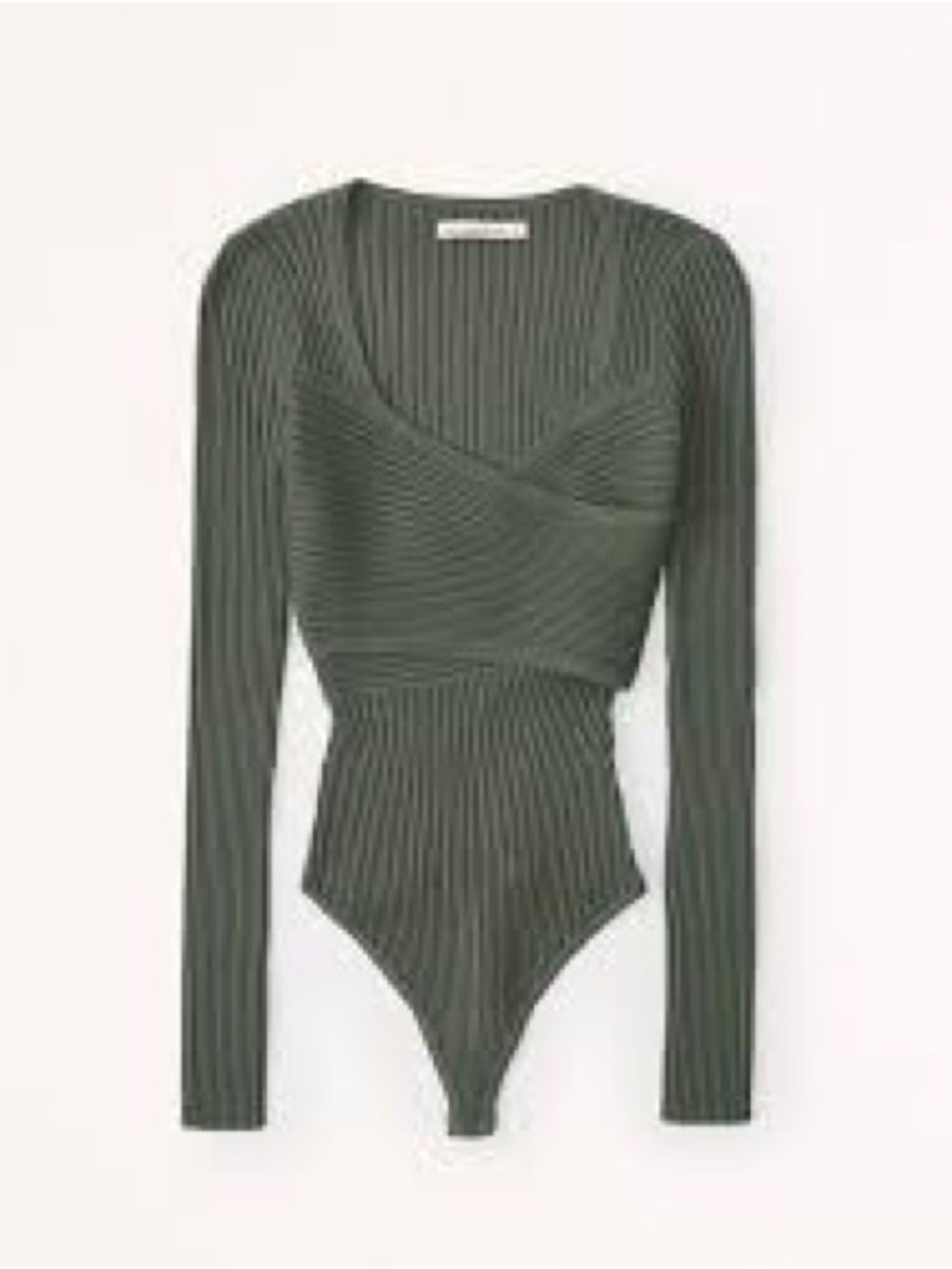 Abercrombie & Fitch LuxeLoft Ribbed Long-Sleeve Wrap Bodysuit in Olive Green